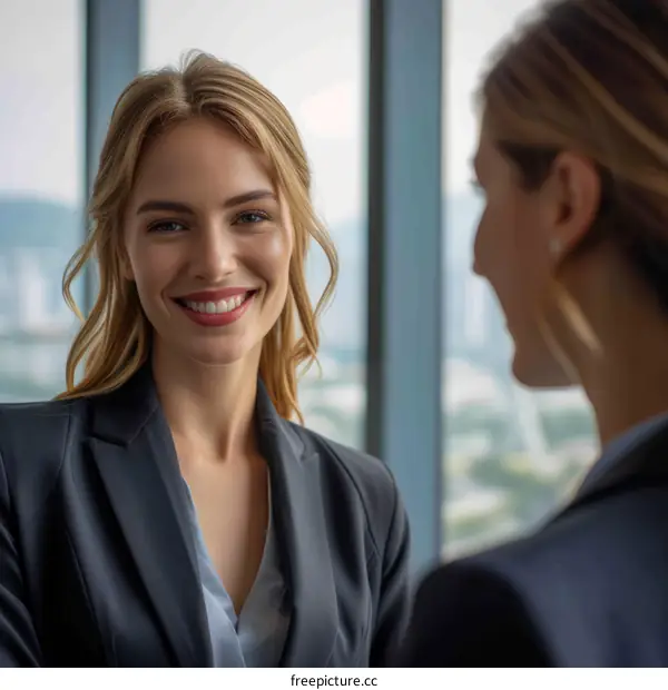 Two businesswomen in suits smiling and talking in an office