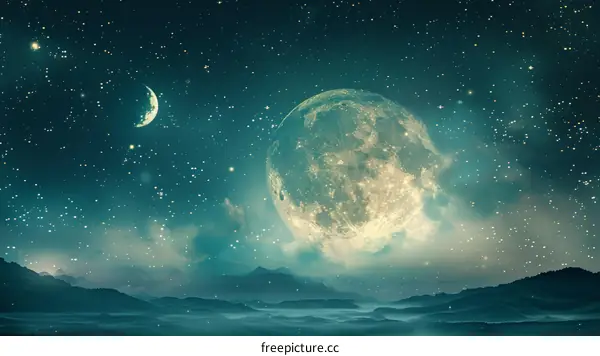 full moon rising over a mountain landscape