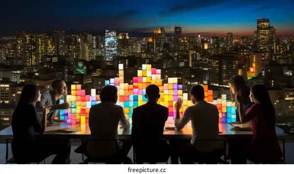 Business Professionals Discussing Ideas in Modern Office with Expansive Nighttime Skyline View
