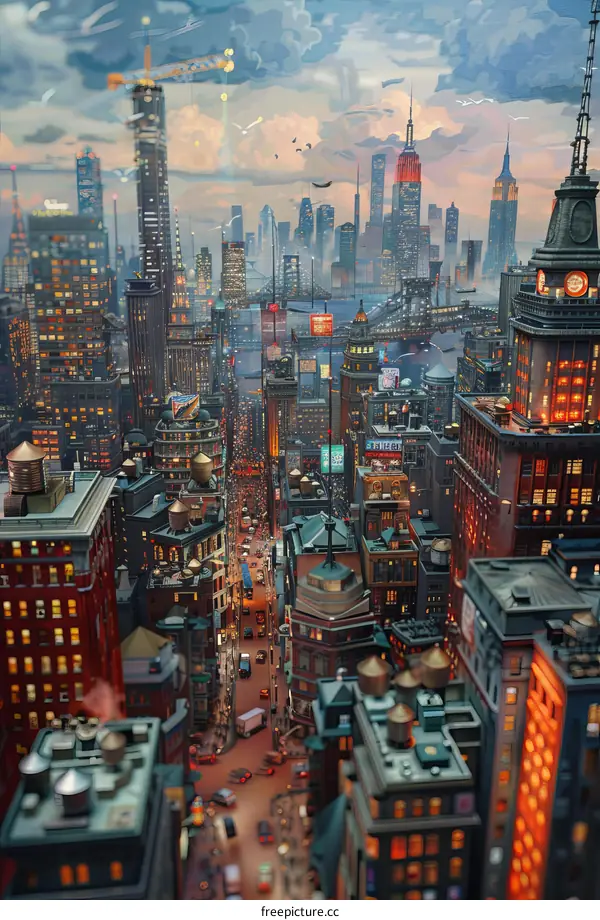 A bustling city street with skyscrapers and traffic