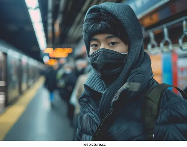 A young man wearing a mask is standing on a subway platform.