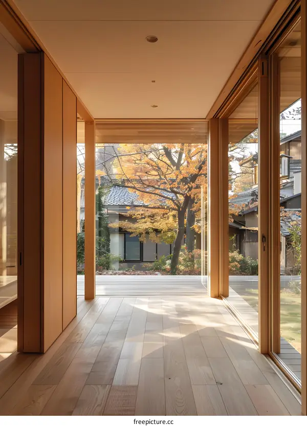 Wooden house with large glass windows and a view of the garden