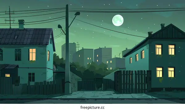 Nighttime Street View of Houses with a Full Moon