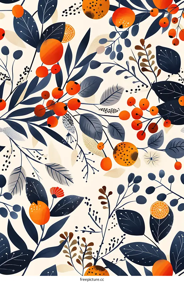 Seamless Pattern with Blue Leaves, Orange Fruits and White Background
