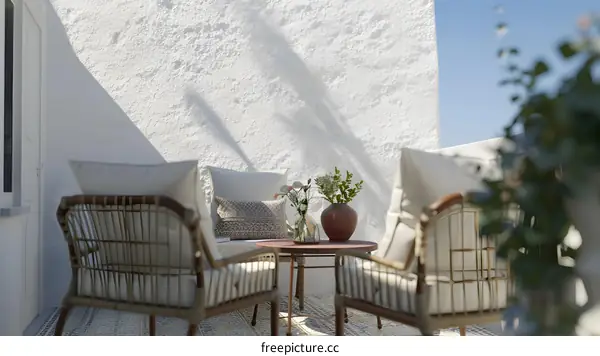 White Wall Patio with Wicker Chairs and a Coffee Table
