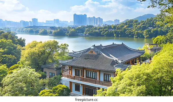 Panoramic View of Lakeside Chinese Architecture