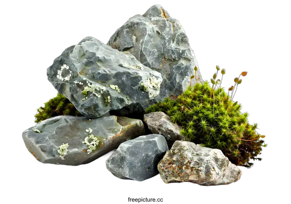 [Transparent Background PNG]Grey Rocks and Green Moss on White Background