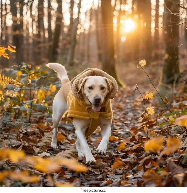 Golden Retriever Dog Walking in Autumn Forest