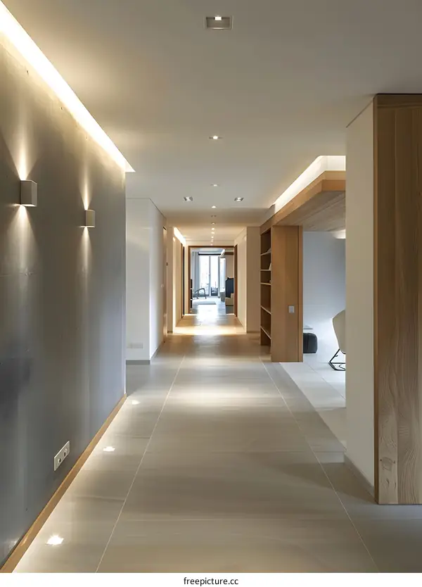 Modern Minimalist Hallway with Wooden Accents and Recessed Lighting