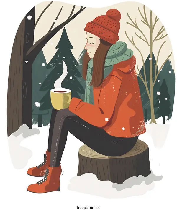 Woman Sitting on a Tree Stump in the Winter