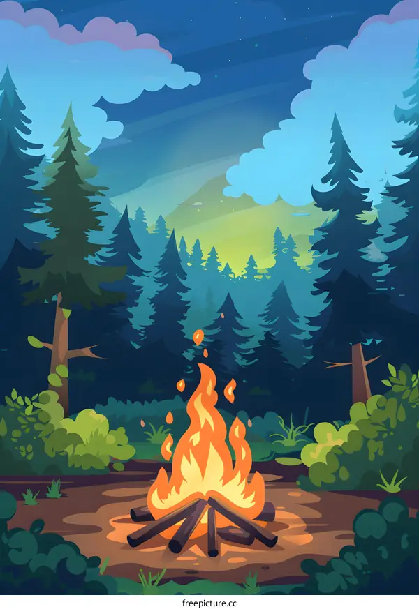 Campfire in the Forest at Night