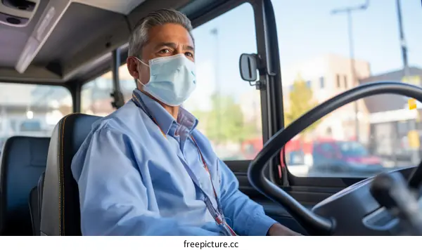 Hispanic bus driver wearing a facial mask