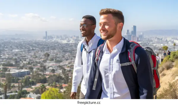 Two young men of different ethnicities are standing on a mountaintop overlooking a city.