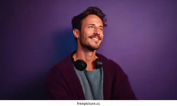 Happy Man with Headphones Against a Vibrant Purple Background