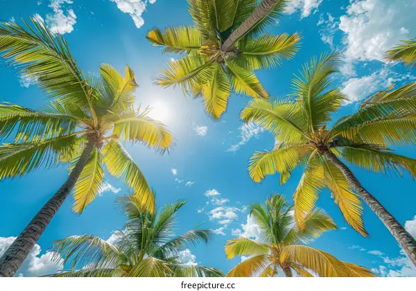 Looking up at the coconut trees under the blue sky and white clouds