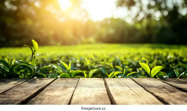 Fresh Tea Plantation with Wooden Table