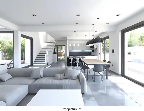 Modern Living Room Design with Kitchen and Dining Area