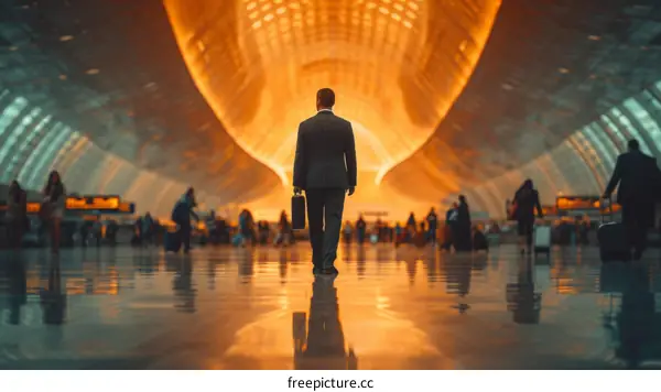 Businessman walking alone in a busy airport terminal