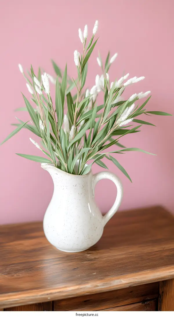 White Flowers in a White Ceramic Pitcher on a Wooden Table