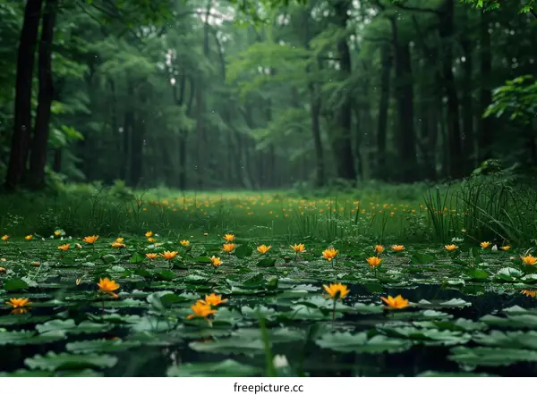 Mystical Green Forest Lake with Yellow Water Lilies