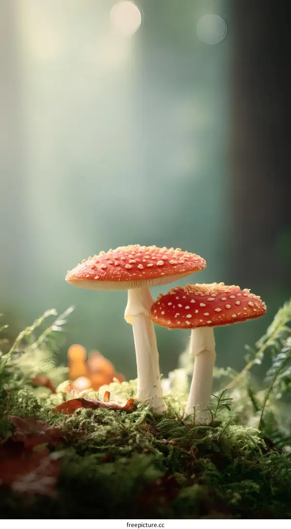 Two Red Mushrooms in a Forest Moss