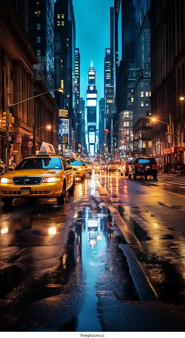 New York City Night Street Scene with Yellow Taxi Cabs in the Rain