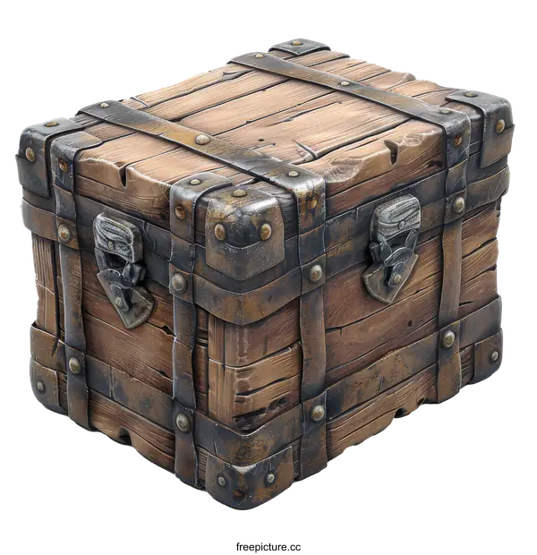 [Transparent Background PNG]An illustration of a wooden treasure chest with metal bands and locks