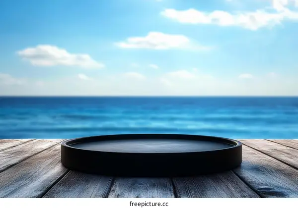 Empty Round Tray on Wooden Deck by the Ocean