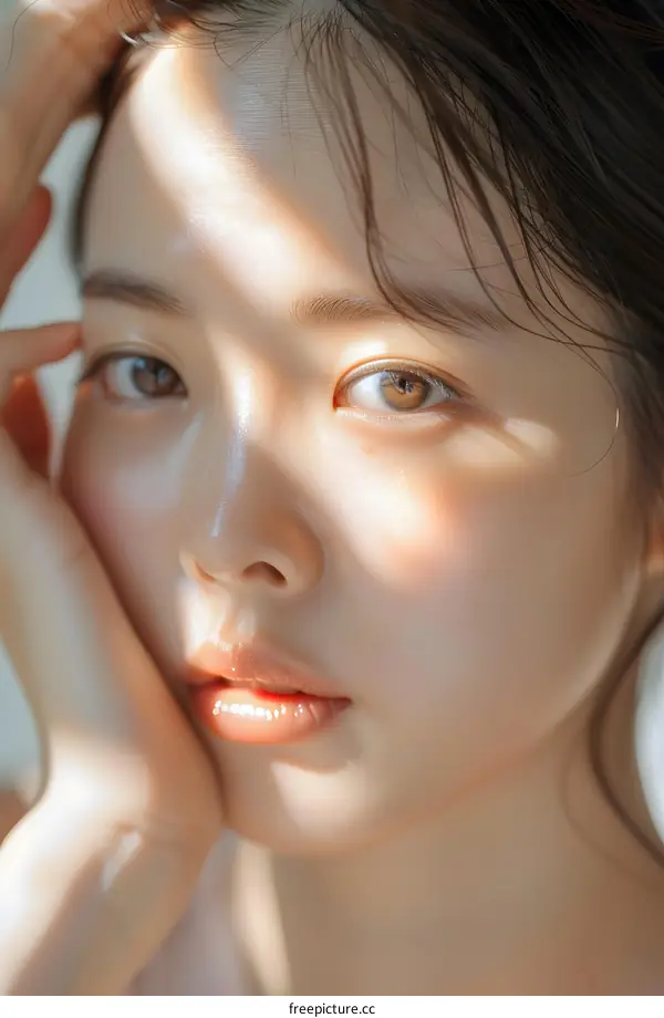 Close Up Portrait of a Young Woman with Light Shining Through Her Hair