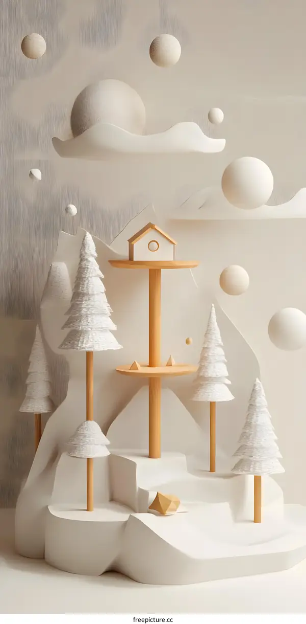 Minimalist 3D Illustration of a Winter Landscape with a House