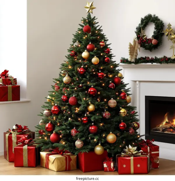 Christmas Tree Decorated with Red and Gold Ornaments