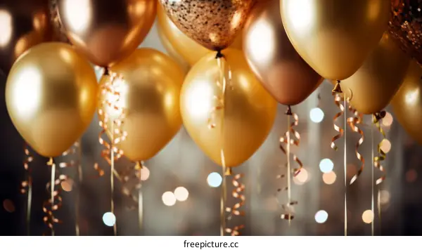 Gold and copper balloons with gold and copper streamers against a blurry background of out of focus lights.