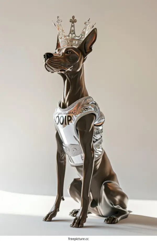 A bronze sculpture of a dog wearing a crown and a vest