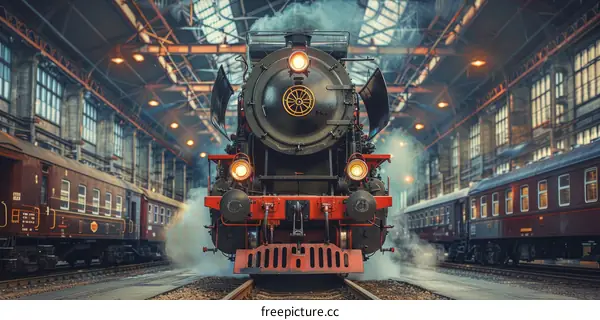 Steam Locomotive in Vintage Train Station Hall with Light Rays
