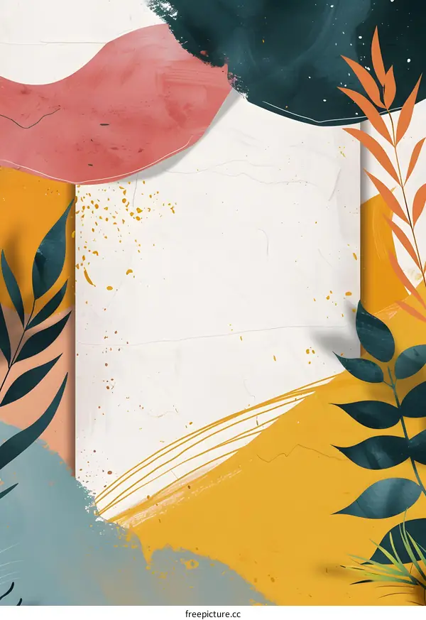 Abstract Background with Green Leaves and Watercolor