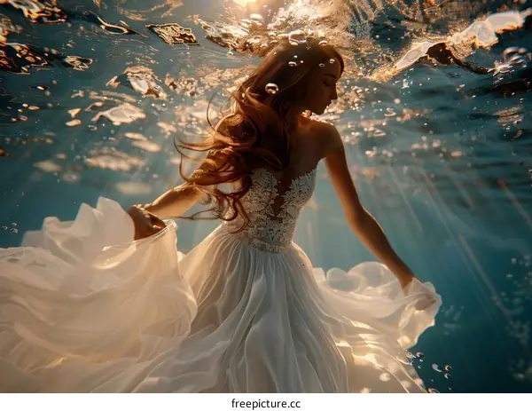 An underwater photo of a woman in a white dress