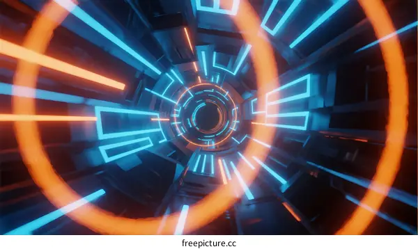Abstract Neon-Lit Tunnel with Circular Light Rings in Futuristic Design