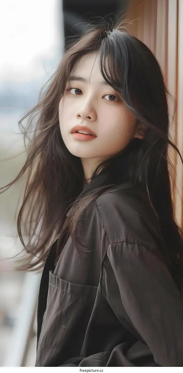 Portrait of a Young Woman with Long Dark Hair Looking at Camera