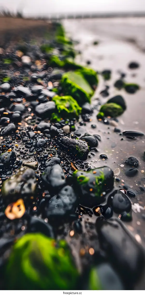 Close Up View of Green Moss on Black Rocks on the Beach