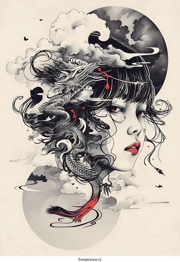 Woman With Dragon Tattoo in Black and White With a Red Tail