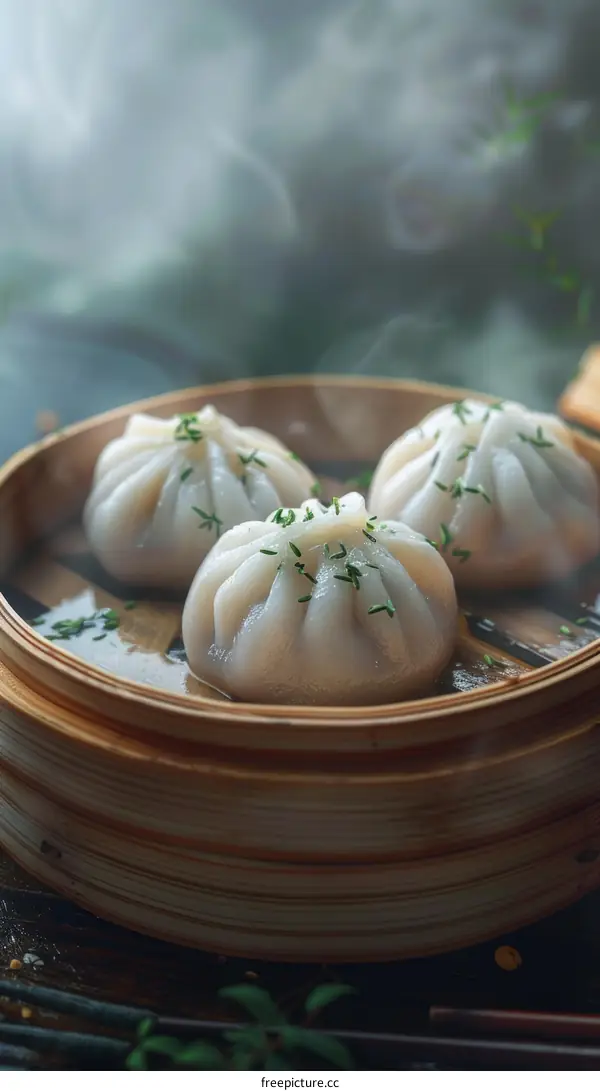 Three white dumplings in a bamboo steamer