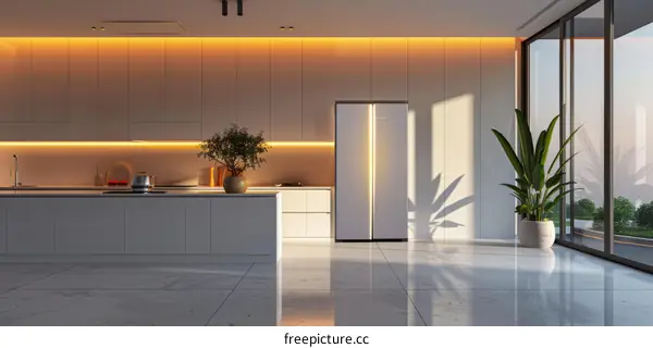 Modern minimalist kitchen design with large windows and white marble floor