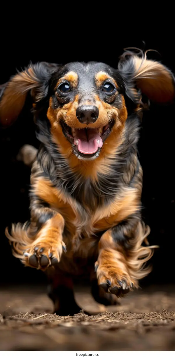 A happy dachshund dog running in mid-air with a black background
