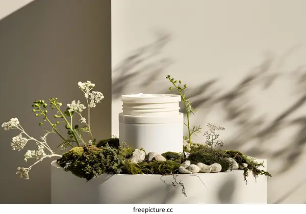 White Cream Jar with Green Plants and Stones