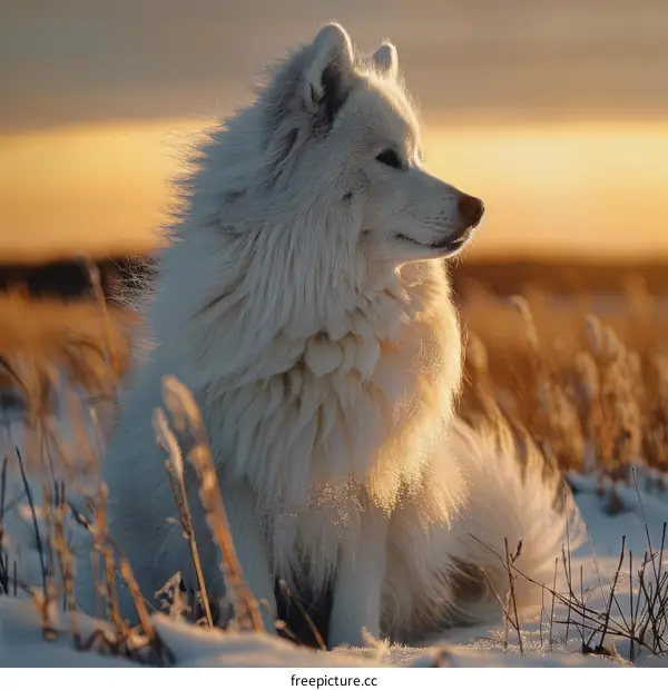 White Dog Silhouetted Against Sunset in Snowy Field