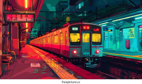 A train is passing through a station at night