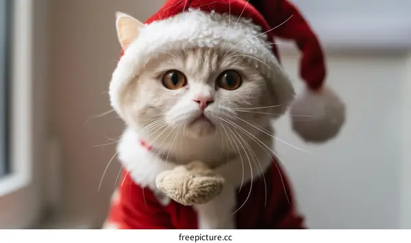 A cute cat wearing a Santa hat is looking at the camera