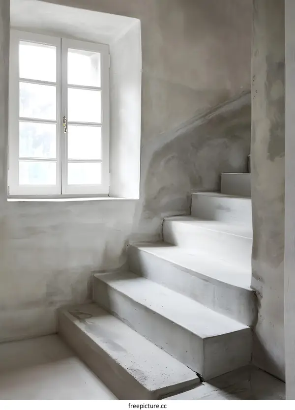 Concrete Staircase with Window in a Minimalist Interior