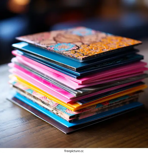 A stack of colorful books and record albums