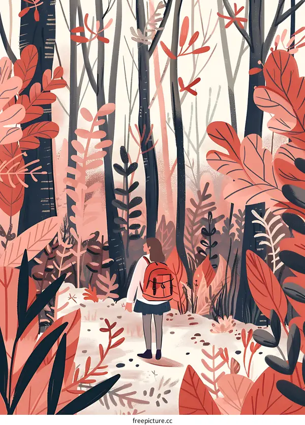 Girl with Backpack Walking in Forest